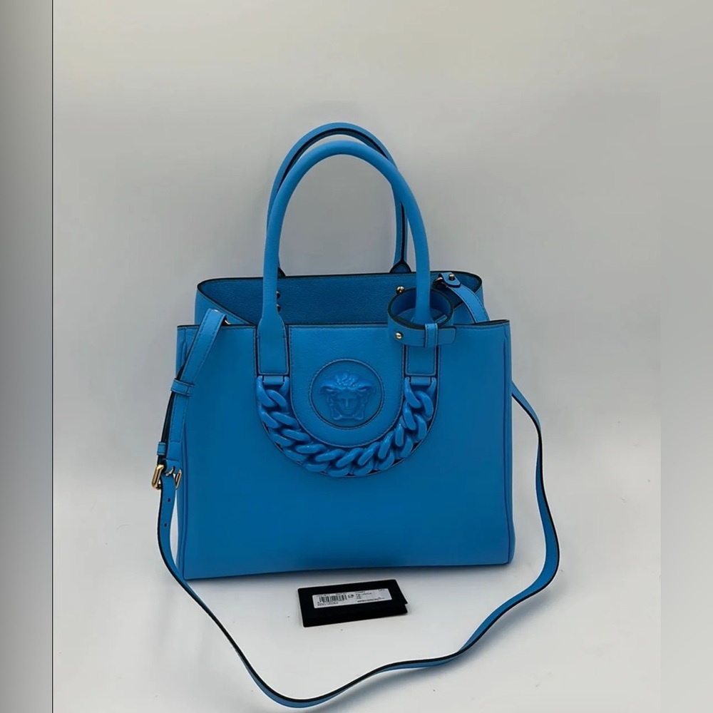 Versace La Medusa Large Chain Tote Bag Blue Women's Handbag crossbody purse